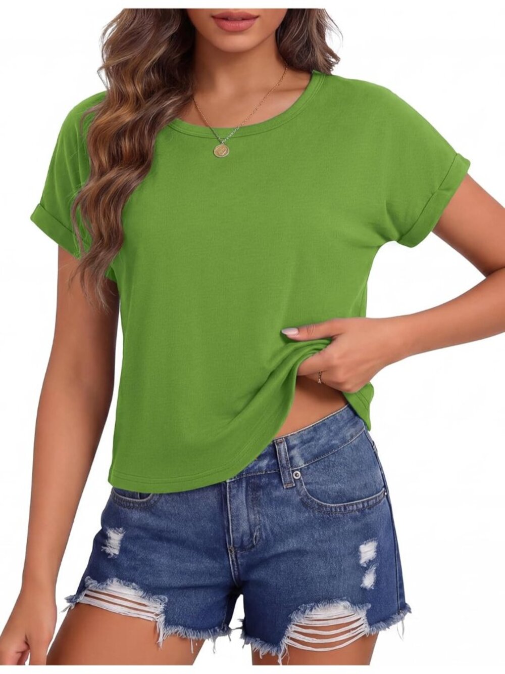 Women's Green Roll Short Sleeve Crewneck Loose Fit Boxy Pull On Crop Tops